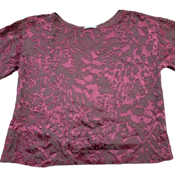 CLUB MONACO Silk Mix Semi Sheer Blouse With Print Brown/Burgundy Size Medium - Picture 5 of 9